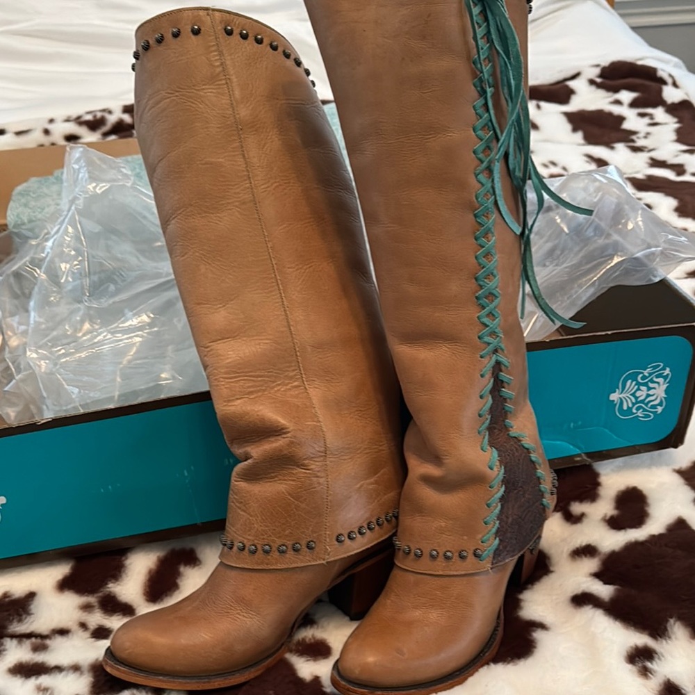 Lane Boots Women's Brown Leather Knee-High Heeled Boots with Teal Lace-Up Detail